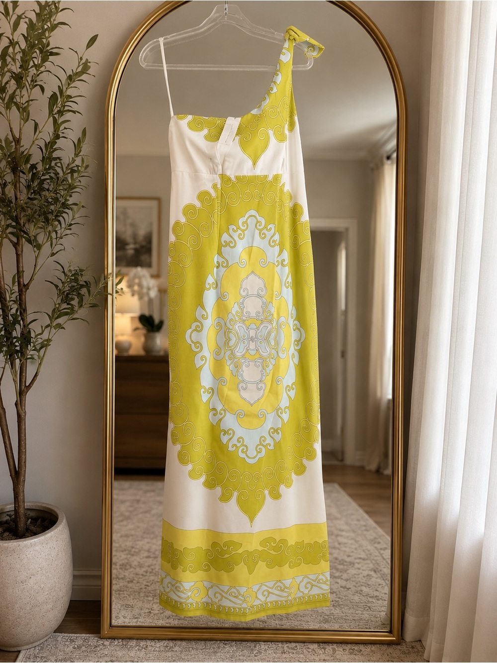 Tori Richard Yellow and White One-Shoulder Maxi Dress with Medallion Motif